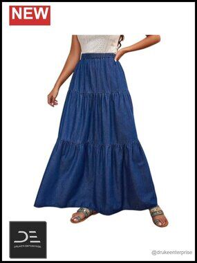 High Waisted Tiered Ruffle Long Jean Skirt Plus Size Boho A Line Maxi